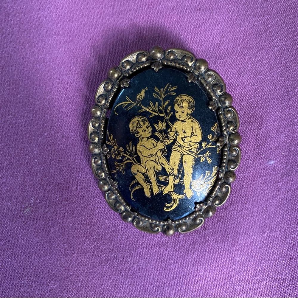 Vintage Gilded Children Scene Damascene Style Brooch